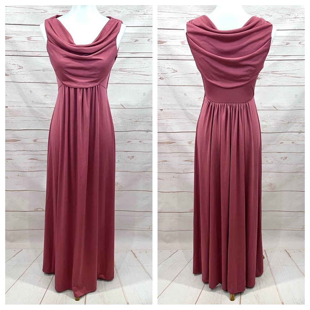 Vintage Retro Plaza South Rust Mauve Rose Draped Cowl Neck Maxi Dress